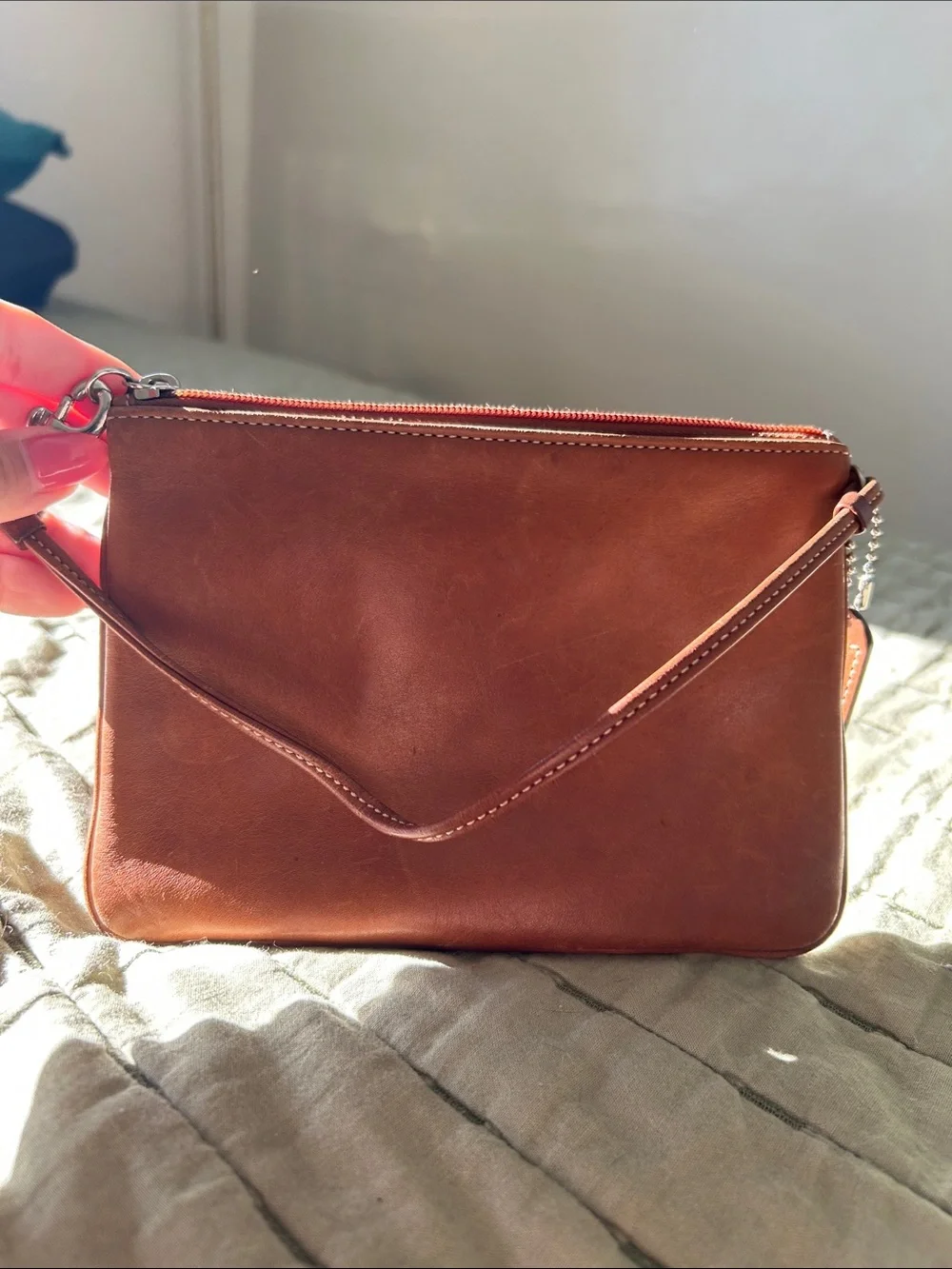 Coach Tan Leather Wristlet Pouch with Detachable Strap